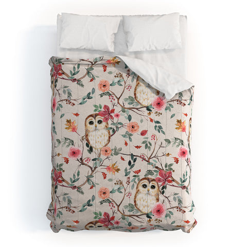 Ninola Design Cute Owls Tree Green Pink Comforter