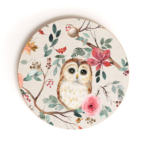 Ninola Design Cute Owls Tree Green Pink Cutting Board Round