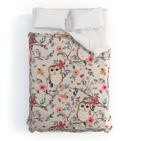 Ninola Design Cute Owls Tree Green Pink Duvet Cover