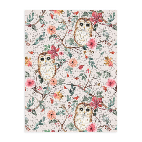 Ninola Design Cute Owls Tree Green Pink Puzzle