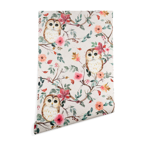 Ninola Design Cute Owls Tree Green Pink Wallpaper