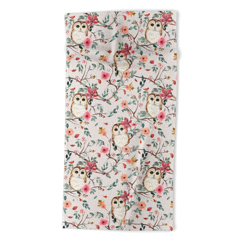 Ninola Design Cute Owls Tree Green Pink Beach Towel