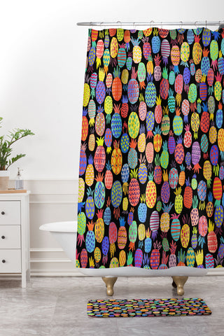Ninola Design cute tropical pineapples black Shower Curtain And Mat