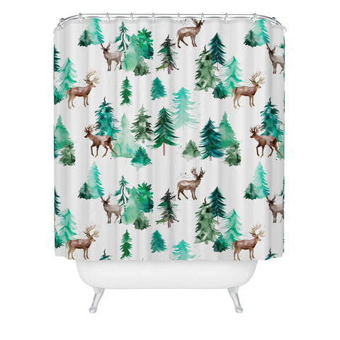 Ninola Design Deer Forest Watercolor Shower Curtain