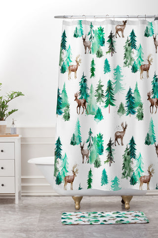 Ninola Design Deer Forest Watercolor Shower Curtain And Mat