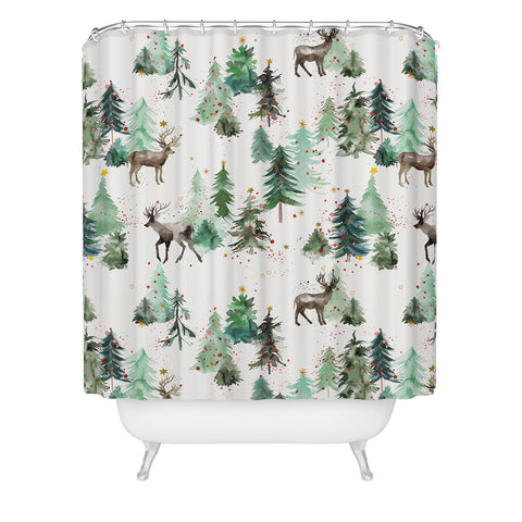 Ninola Design Deers and Christmas trees Shower Curtain