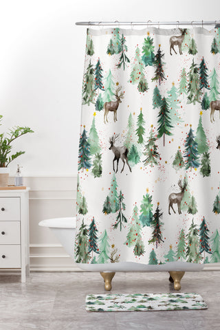 Ninola Design Deers and Christmas trees Shower Curtain And Mat