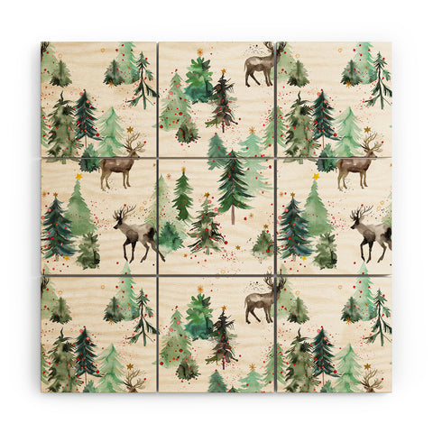 Ninola Design Deers and Christmas trees Wood Wall Mural