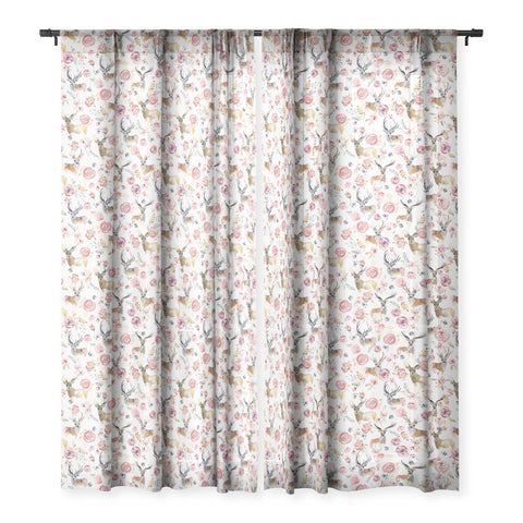 Ninola Design Deers and flowers Rustic white Sheer Window Curtain