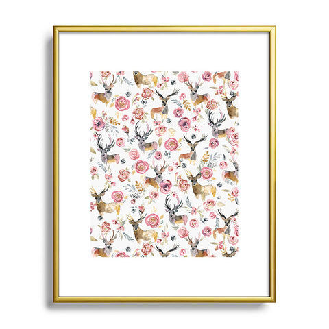 Ninola Design Deers and flowers Rustic white Metal Framed Art Print