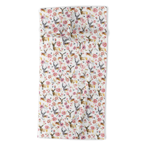 Ninola Design Deers and flowers Rustic white Beach Towel