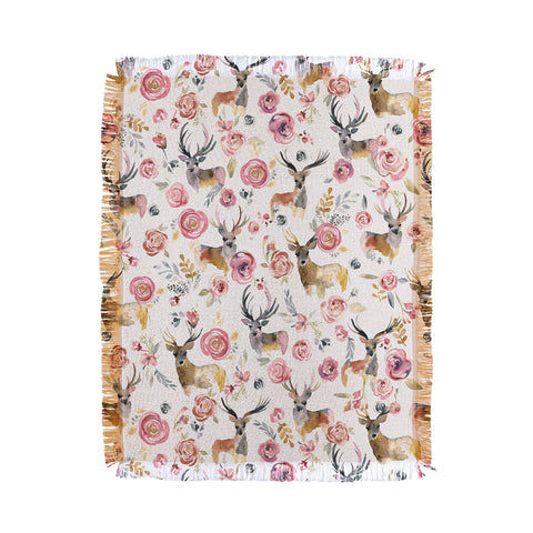 Ninola Design Deers and flowers Rustic white Throw Blanket