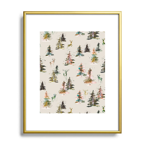 Ninola Design Deers and trees forest Beige Metal Framed Art Print