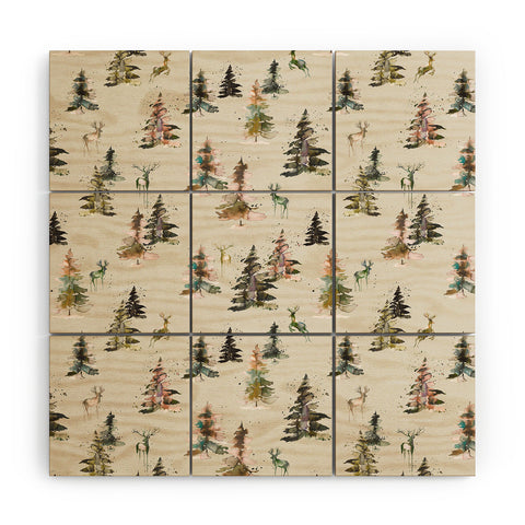 Ninola Design Deers and trees forest Beige Wood Wall Mural