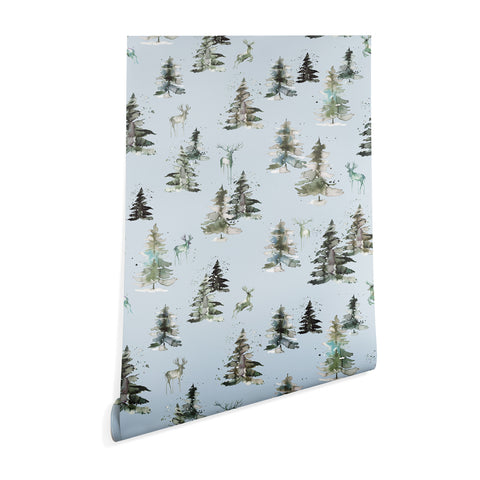 Ninola Design Deers and trees forest Blue Wallpaper