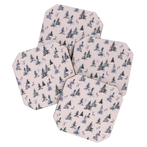 Ninola Design Deers and trees forest Pink Coaster Set