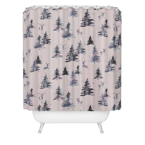 Ninola Design Deers and trees forest Pink Shower Curtain