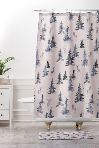Ninola Design Deers and trees forest Pink Shower Curtain And Mat