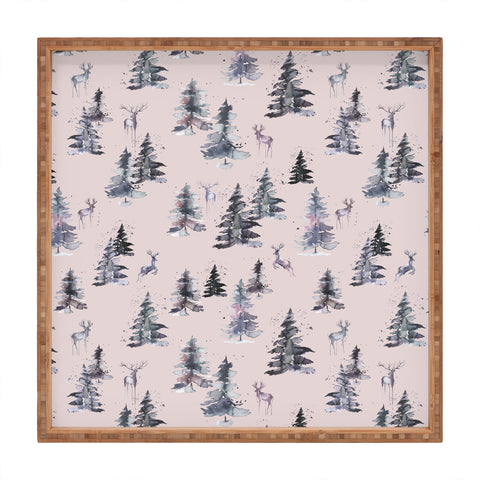 Ninola Design Deers and trees forest Pink Square Tray