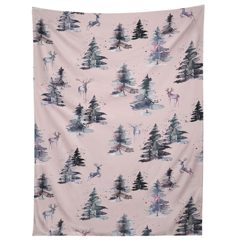 Ninola Design Deers and trees forest Pink Tapestry