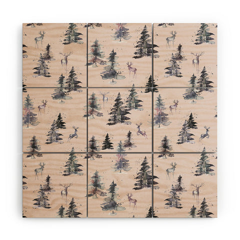 Ninola Design Deers and trees forest Pink Wood Wall Mural