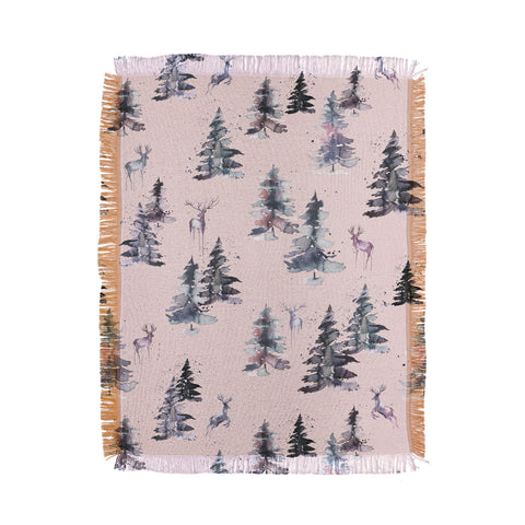 Ninola Design Deers and trees forest Pink Throw Blanket