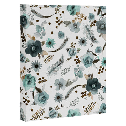 Ninola Design Feathers and flowers Romance Aqua Gold Art Canvas