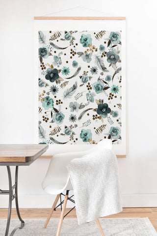 Ninola Design Feathers and flowers Romance Aqua Gold Art Print And Hanger