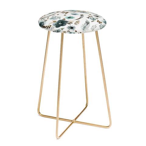 Ninola Design Feathers and flowers Romance Aqua Gold Counter Stool