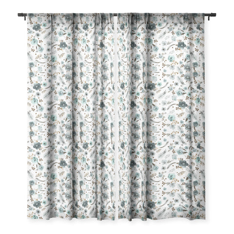 Ninola Design Feathers and flowers Romance Aqua Gold Sheer Window Curtain