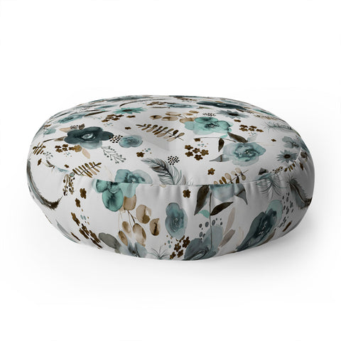Ninola Design Feathers and flowers Romance Aqua Gold Floor Pillow Round