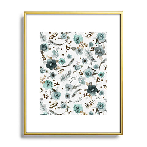 Ninola Design Feathers and flowers Romance Aqua Gold Metal Framed Art Print