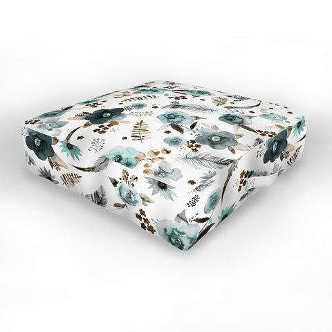 Ninola Design Feathers and flowers Romance Aqua Gold Outdoor Floor Cushion