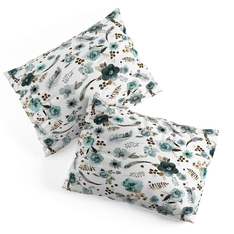 Ninola Design Feathers and flowers Romance Aqua Gold Pillow Shams