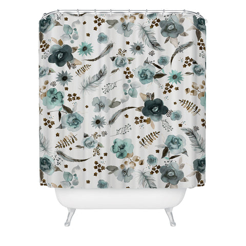Ninola Design Feathers and flowers Romance Aqua Gold Shower Curtain