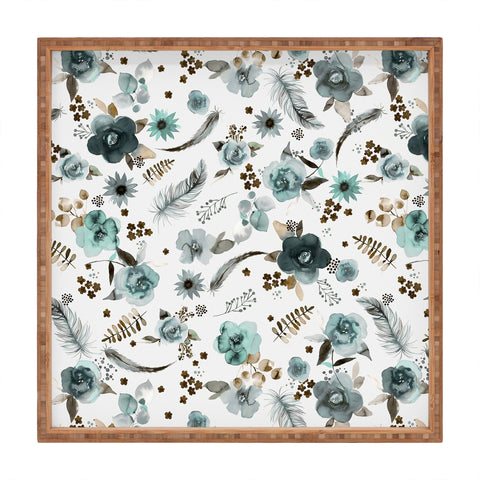 Ninola Design Feathers and flowers Romance Aqua Gold Square Tray