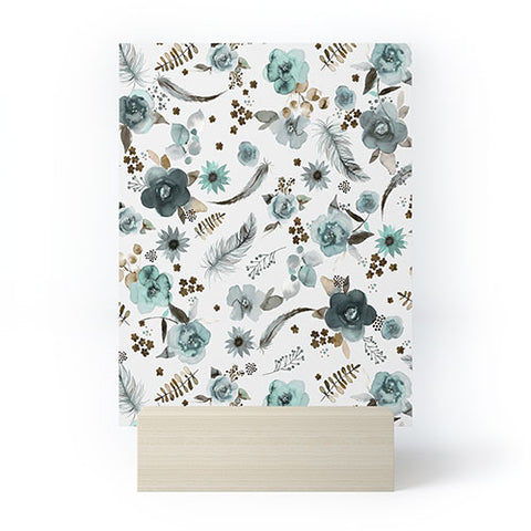 Ninola Design Feathers and flowers Romance Aqua Gold Mini Art Print