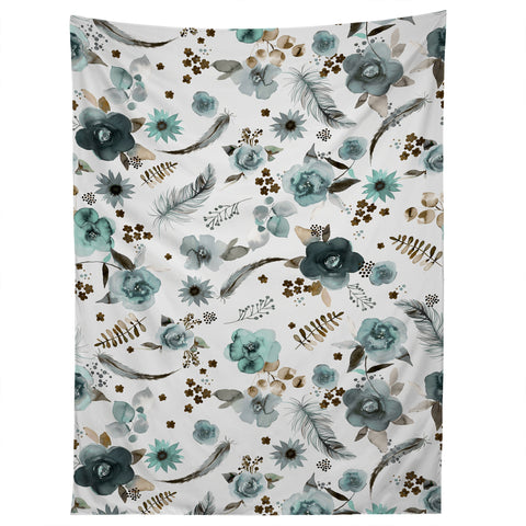 Ninola Design Feathers and flowers Romance Aqua Gold Tapestry