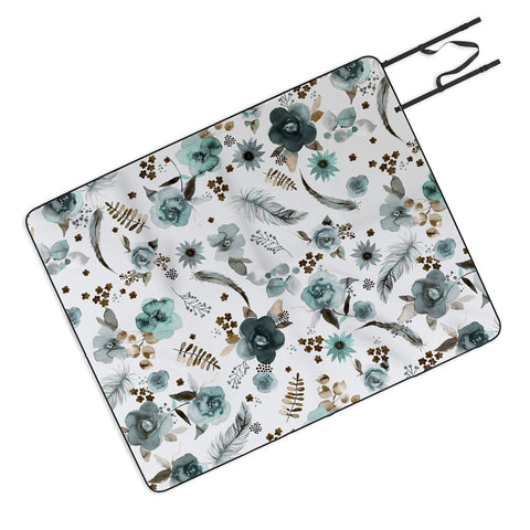Ninola Design Feathers and flowers Romance Aqua Gold Picnic Blanket