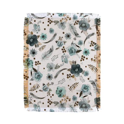 Ninola Design Feathers and flowers Romance Aqua Gold Throw Blanket