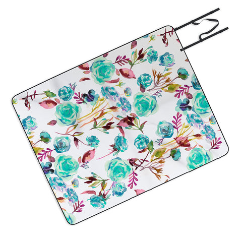 Ninola Design Feminine Roses Bouquet Blue Picnic Blanket