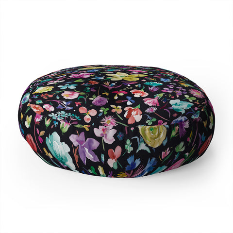 Ninola Design Flower buds botanical Black Multicolored Floor Pillow Round