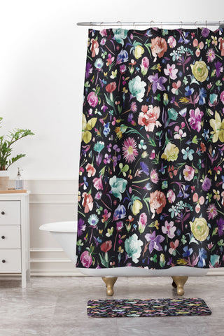 Ninola Design Flower buds botanical Black Multicolored Shower Curtain And Mat