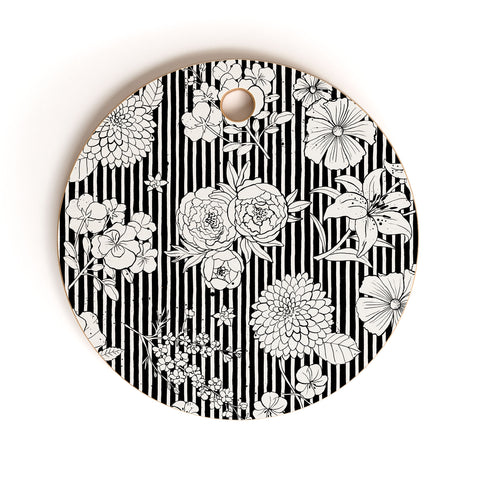 Ninola Design Flowers and stripes Black White Cutting Board Round