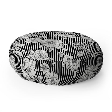 Ninola Design Flowers and stripes Black White Floor Pillow Round
