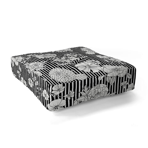 Ninola Design Flowers and stripes Black White Floor Pillow Square