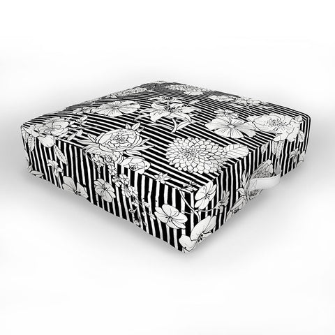 Ninola Design Flowers and stripes Black White Outdoor Floor Cushion