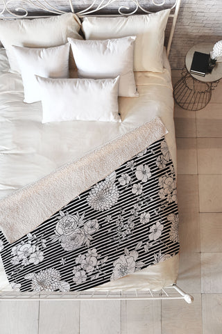Ninola Design Flowers and stripes Black White Fleece Throw Blanket