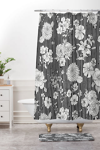 Ninola Design Flowers and stripes Black White Shower Curtain And Mat
