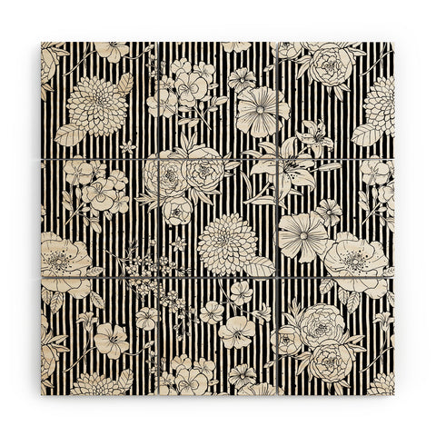Ninola Design Flowers and stripes Black White Wood Wall Mural